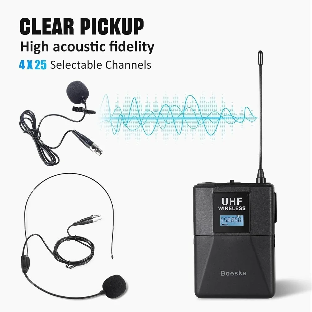 Boeska Wireless Microphone System 4‎ Channel UHF 4 Lavalier Lapel Headset